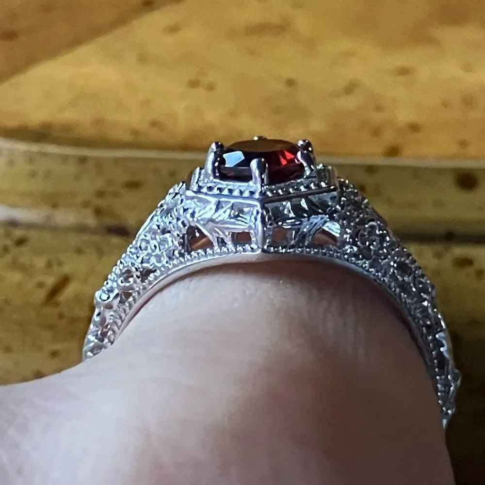 Natural Red Garnet Sterling Silver Art Deco Ring Size 9